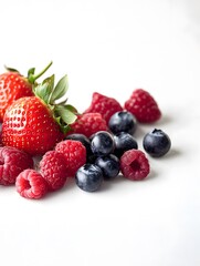 Obraz premium Assorted Fresh Berries on White Background A selection of vibrant berries such as strawberries, blueberries, and raspberries on a white surface