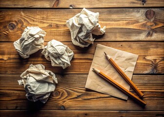 A workspace scene showcasing crumpled paper, a notepad, and pencils on a wooden desk, symbolizing creativity and brainstorming.
