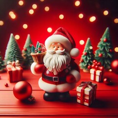  Santa and christmas tree  isolated on red background, 3D illustration.