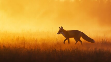Fox Silhouette Walking Through Golden Grass and Mist at Sunrise