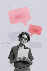 Composite trend artwork sketch image photo collage of copyspace speech cloud chatting social media...