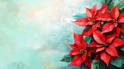 Bright red poinsettia flowers painted in oil on a textured background. Vibrant and festive holiday artwork.