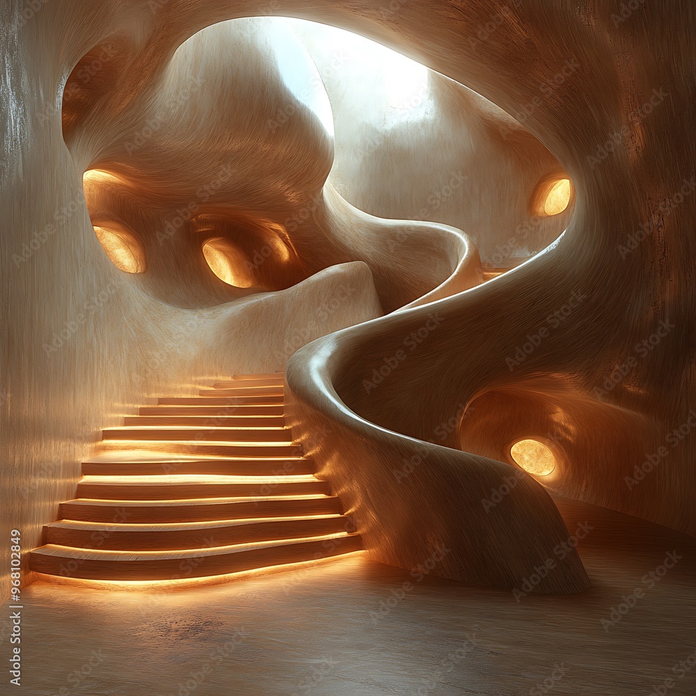 Poster a winding staircase leading up into a cave-like structure with natural light streaming in from above