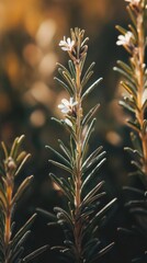 Fototapeta premium Close-up of rosemary plant with small white flowers, natural setting. Herbal and gardening concept