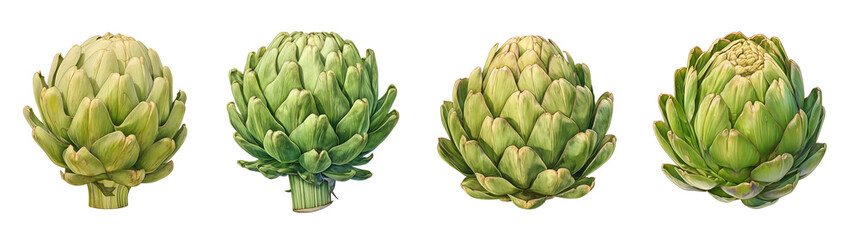 Fototapeta premium Fresh artichokes isolated on transparent background. Realistic illustration. Healthy eating and organic produce concept. Clipart for cookbook, menu, and grocery store advertising.