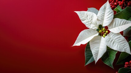 Obraz premium A bright white poinsettia flower set against a striking red background, perfect for holiday themes and decorations.