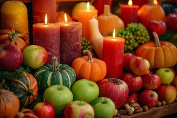 table display featuring a variety of harvest home decor items such as pumpkins, gourds, apples, and candles, adding a cozy and festive touch to any autumn celebration.