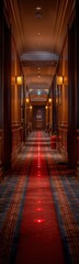 Fototapeta premium Hallway with red carpet and lights and a red carpet