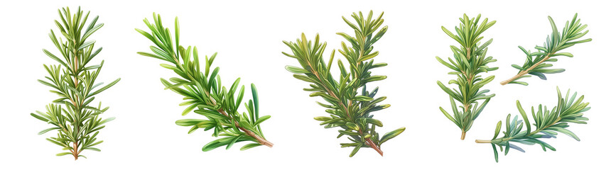Fototapeta premium Fresh rosemary sprigs isolated on transparent background. Realistic illustration. Healthy eating and organic produce concept. Clipart for cookbook, menu, and grocery store advertising. 