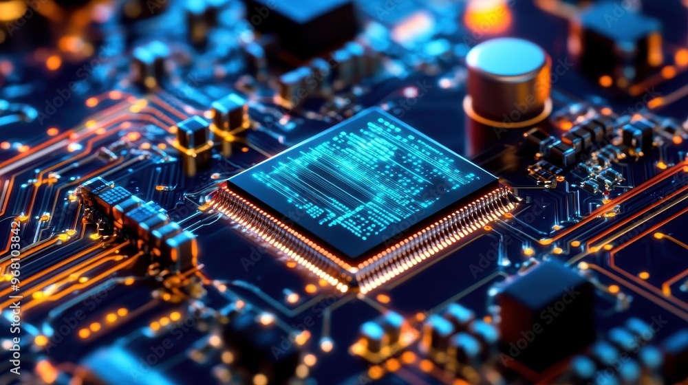 Poster close up of a circuit board with a glowing cpu