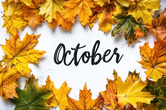 The word palette of yellow and green leaves with the text written in cursive font says "October" The background is a close-up shot of colorful autumn maple leaves on an isolated white Generative AI