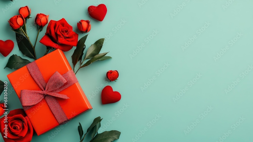 Canvas Prints Red roses and a gift box on a mint green background