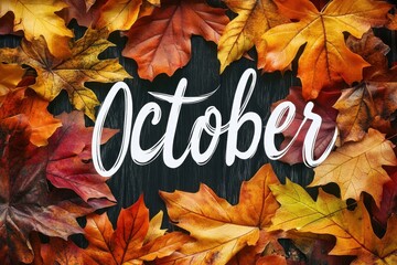 A background of colorful autumn leaves with the word "October" written in white cursive text Generative AI
