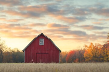Fototapeta premium Classic red barn standing in open field at sunset