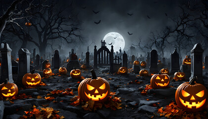 Spooky Halloween Graveyard Scene with Pumpkins, Zombies, and Full Moon