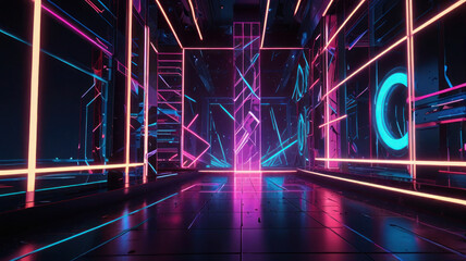 Dynamic abstract background with neon geometric shapes and futuristic light streaks