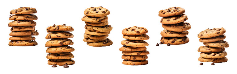 Chocolate chips cookies stack and pile set isolated on white background clipping path, Png file for graphics resources