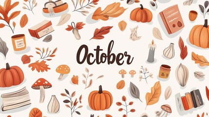 October text surrounded by autumn icons and elements. Seasonal illustration with fall colors.