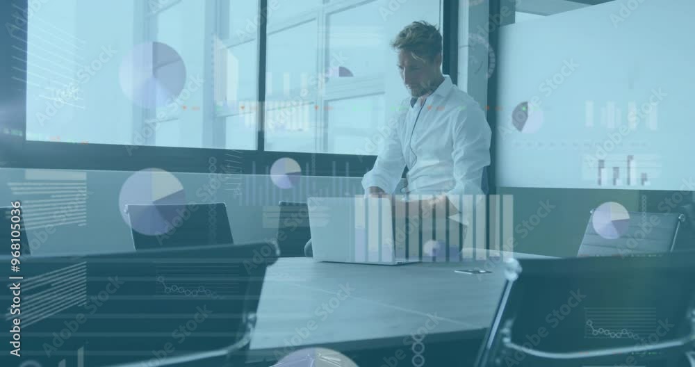 Poster animation of financial data processing over caucasian businessman using tablet in office
