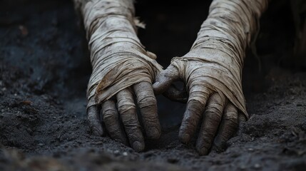 Close-up of Mummy Hands Emerging from the Ground