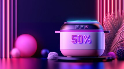 modern digital interface showing 50 percent sale promotion on futuristic device with abstract elements