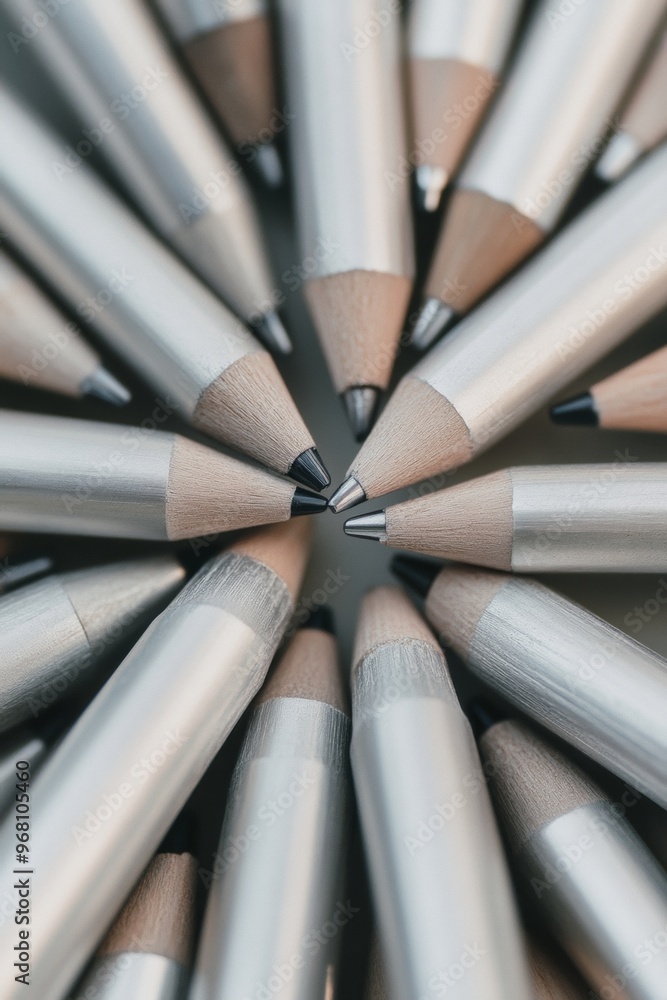 Poster symmetrical aerial view of silver pens in geometric pattern on textured background