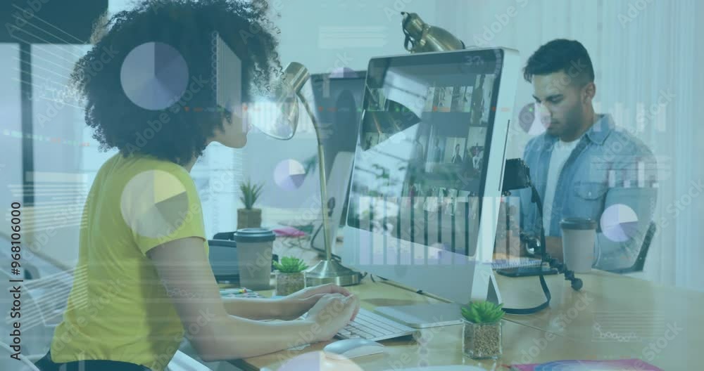 Poster animation of financial data processing over african american businesswoman using computer in office