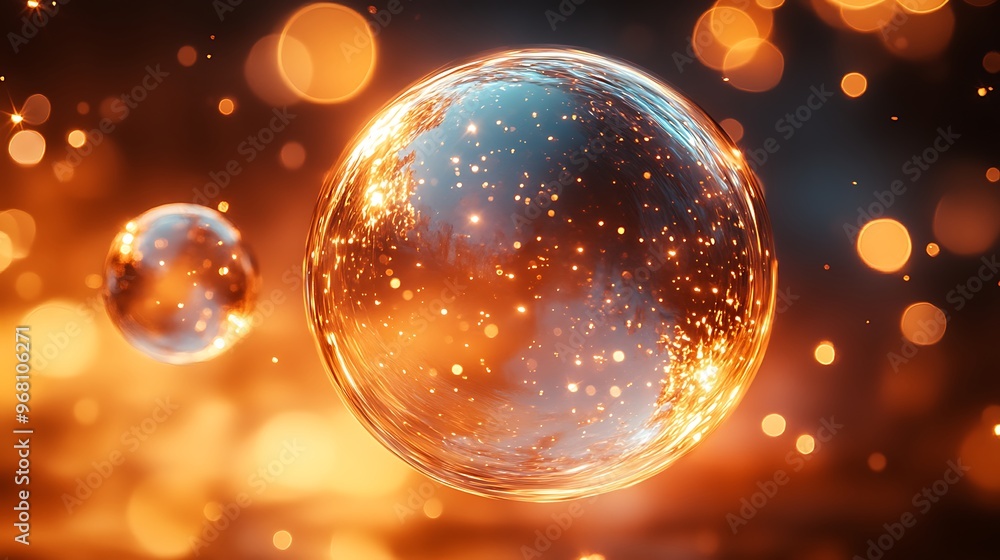 Poster abstract glowing orb with bokeh background.