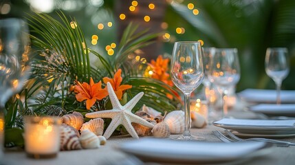 Exquisite tropical themed table setting and romantic ambiance ready for wedding reception guests