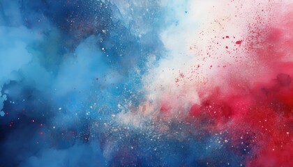 Fototapeta premium Vibrant Explosion of Abstract Colors. Dynamic Blend of Blue, Red, and Orange Paint Splatters in Motion Against a Textured White Background, Petriotic Energy, Creativity, and Bold Artistic Expression