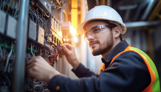 Focused scene of working Technician wearing hard hat, safety glasses, high-visibility vest connecting wires on electrical panel. Men's job, electrical and technology concept. - Powered by Adobe
