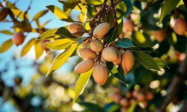 Almond tree branch with ripe almonds