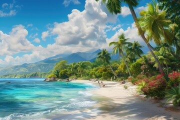 Fototapeta na wymiar Sunlit Tropical Paradise with Lush Greenery and Sandy Shoreline