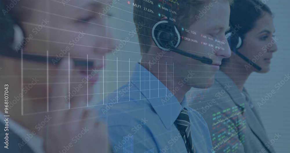 Poster animation of financial data processing over diverse colleagues using phone headsets and computers