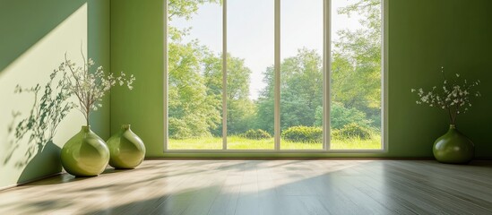 Concept of a minimal green room interior featuring vases on wooden flooring expansive walls and a bright landscape visible through large windows Nordic style home design 3D rendering