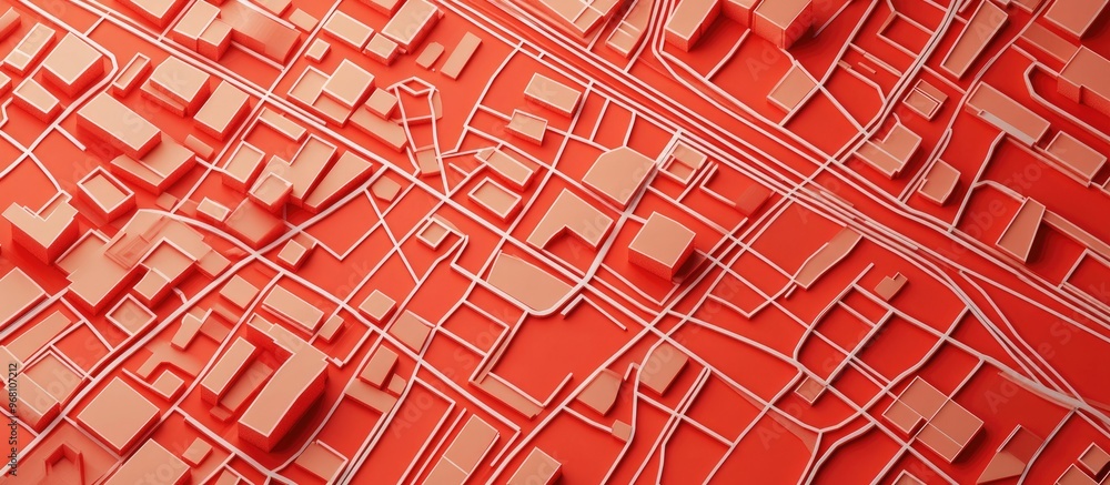 Poster map of streets designed with white lines on red paper aerial view with a textured background 3d rend