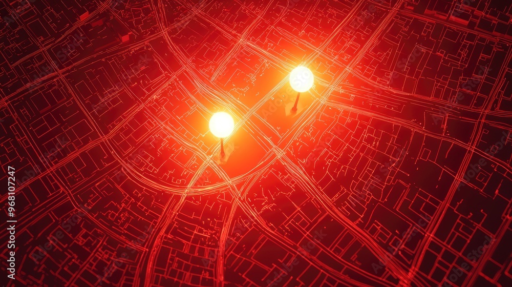 Poster map of streets created with white lines on an abstract red background illuminated by two lights aeri