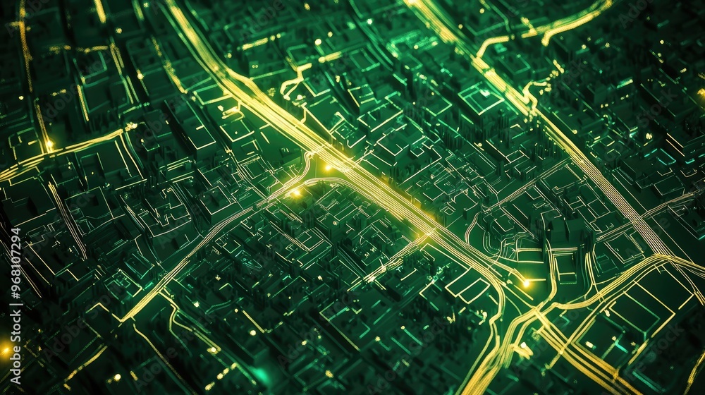 Poster abstract map of city streets represented with white lines on a green background illuminated by two l