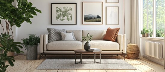 Fototapeta premium Concept of a bright Scandinavian living room featuring a sofa a vase on a wooden floor and artwork on a spacious wall with a scenic view visible through a window 3D rendering