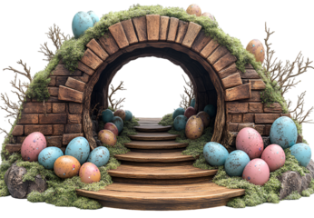 a stone tunnel with eggs and grass. 