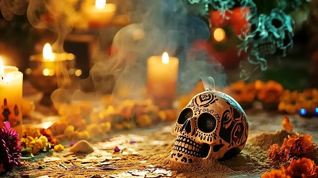 Decorated skull with candles and marigold flowers during a cultural celebration at night dark ritual