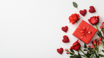 Red Roses, Gift Box and Hearts on White Background for Valentines Day