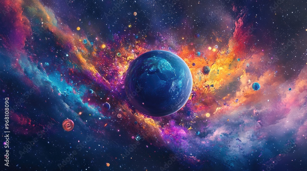 Poster vibrant celestial depiction of a planet surrounded by a burst of colorful symbols showcasing a dynam