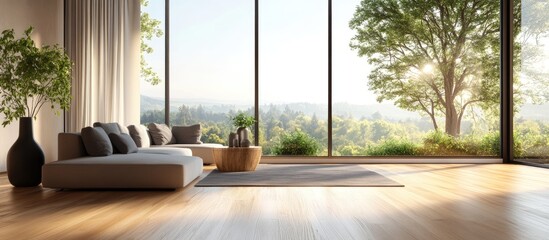 Fototapeta premium Concept of a modern Scandinavian living room featuring a sofa decorative vases on a wooden floor wall decor and expansive windows showcasing a bright landscape 3D illustration