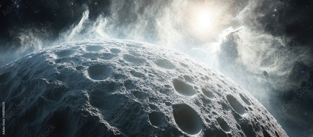 Poster 3d abstract moon set against a galaxy background with sharp sunlight shadows featuring lunar craters