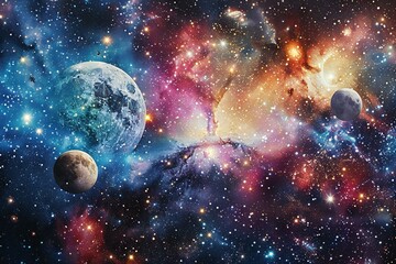 pull; sparkling stars and colorful nebula, moon and planets hanging in the cosmos