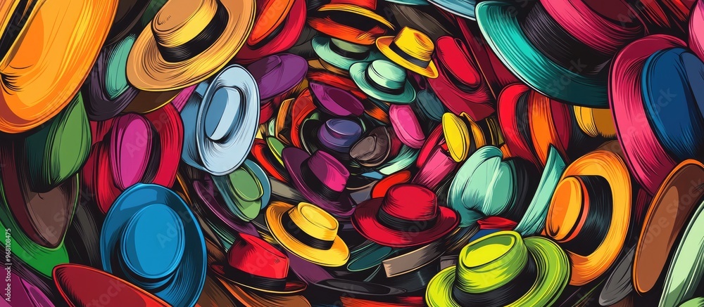 Poster psychedelic explosion of gentleman hats in a vibrant circular design a colorful raster illustration 