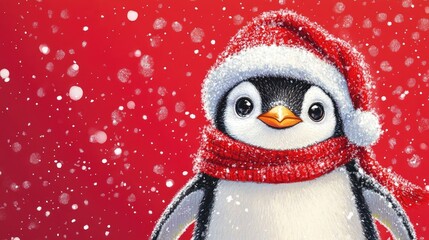 Fototapeta premium Adorable penguin Christmas card design featuring a festive theme with a vibrant red background