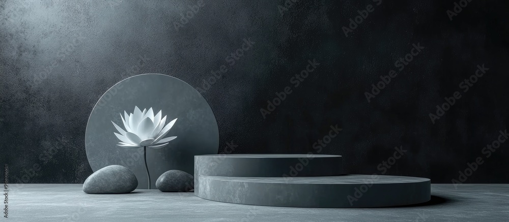Poster 3d rendered cylinder podium with moonlight flower on the floor featuring geometric shapes and platfo