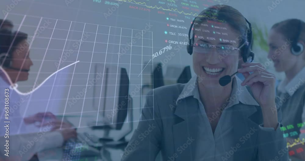 Poster animation of financial data processing over diverse colleagues using phone headsets and computers